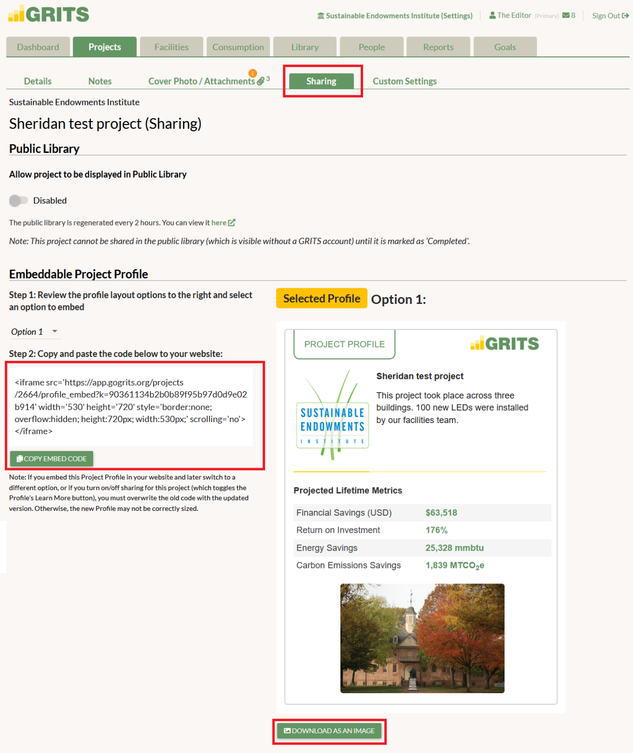 Share Project via Embeddable Project Profile - GoGRITS.org